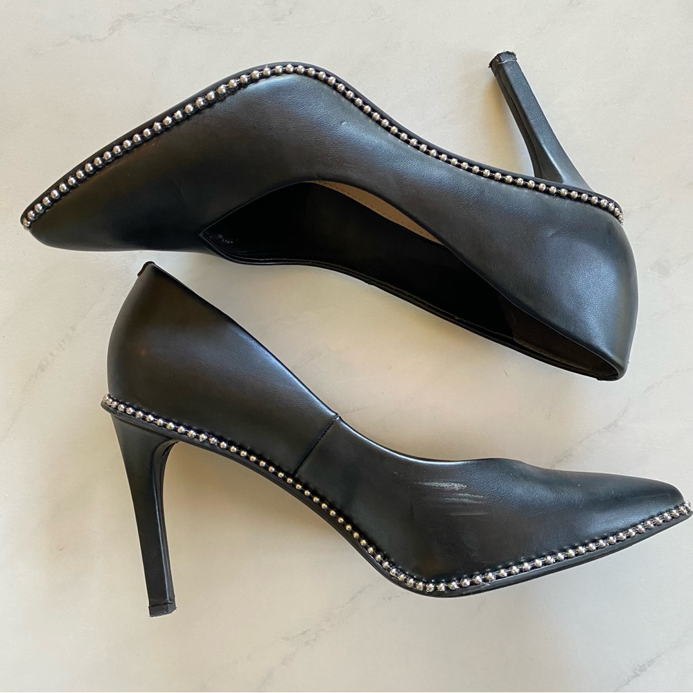 Bar III Black Binsa P Faux Leather Pointed Toe Heels Stilettos Silver Ball Trim - Picture 5 of 9